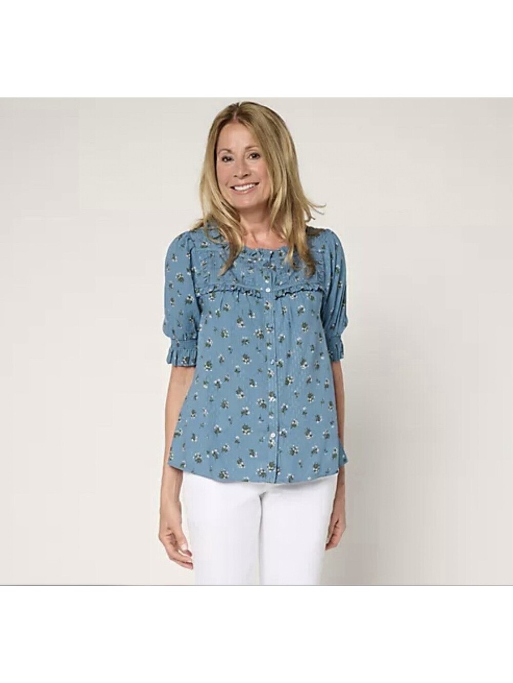 Me by Jennie Garth Marigold Printed Puff Sleeve Blouse Blue Floral M Rayon